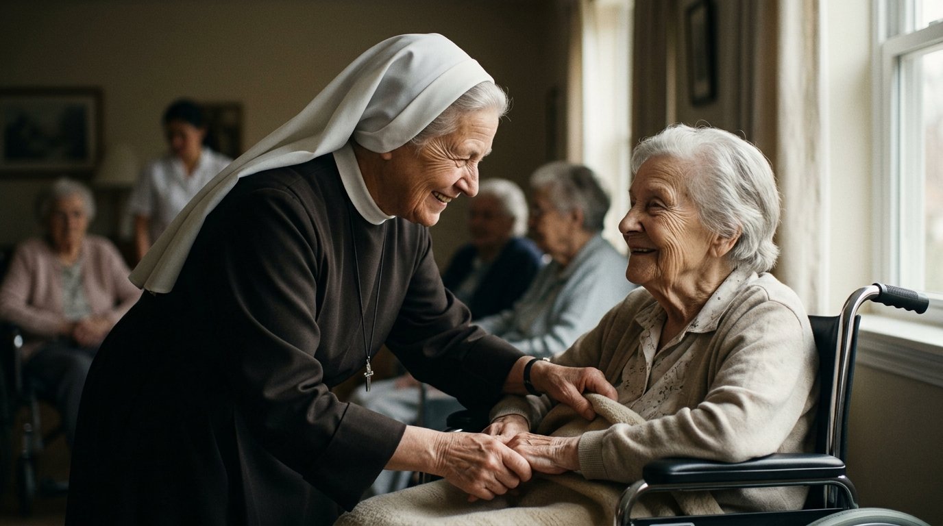 Nun in white headpiece holding hands with elderly woman in wheelchair, smiling warmly at each other in a care facility.