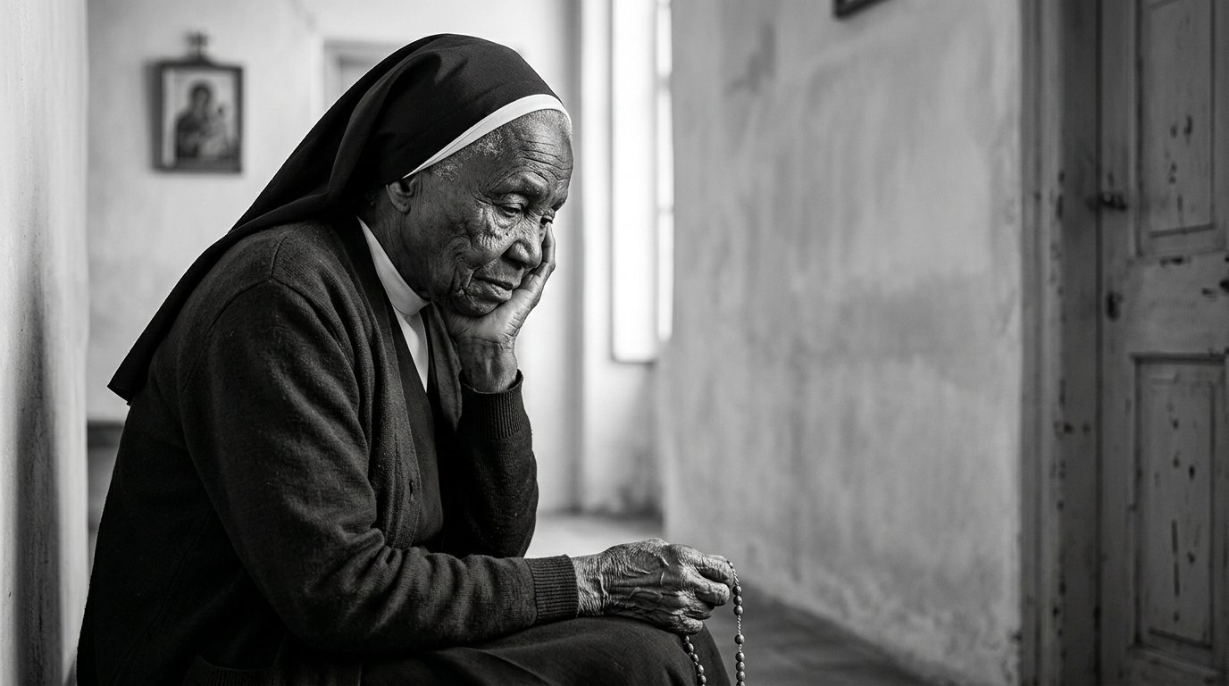 Elderly nun in black habit and white headpiece sitting and praying with rosary beads in black and white photograph