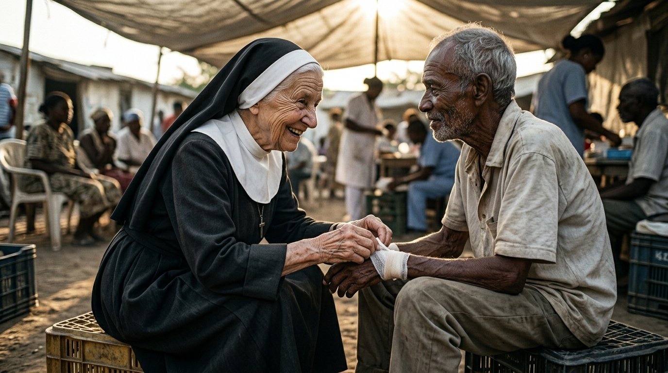 Nun in black habit and elderly man holding hands and smiling in a crowded outdoor marketplace setting