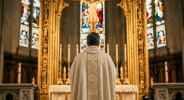 Priest in white vestments stands at altar before ornate gold backdrop and stained glass windows in church