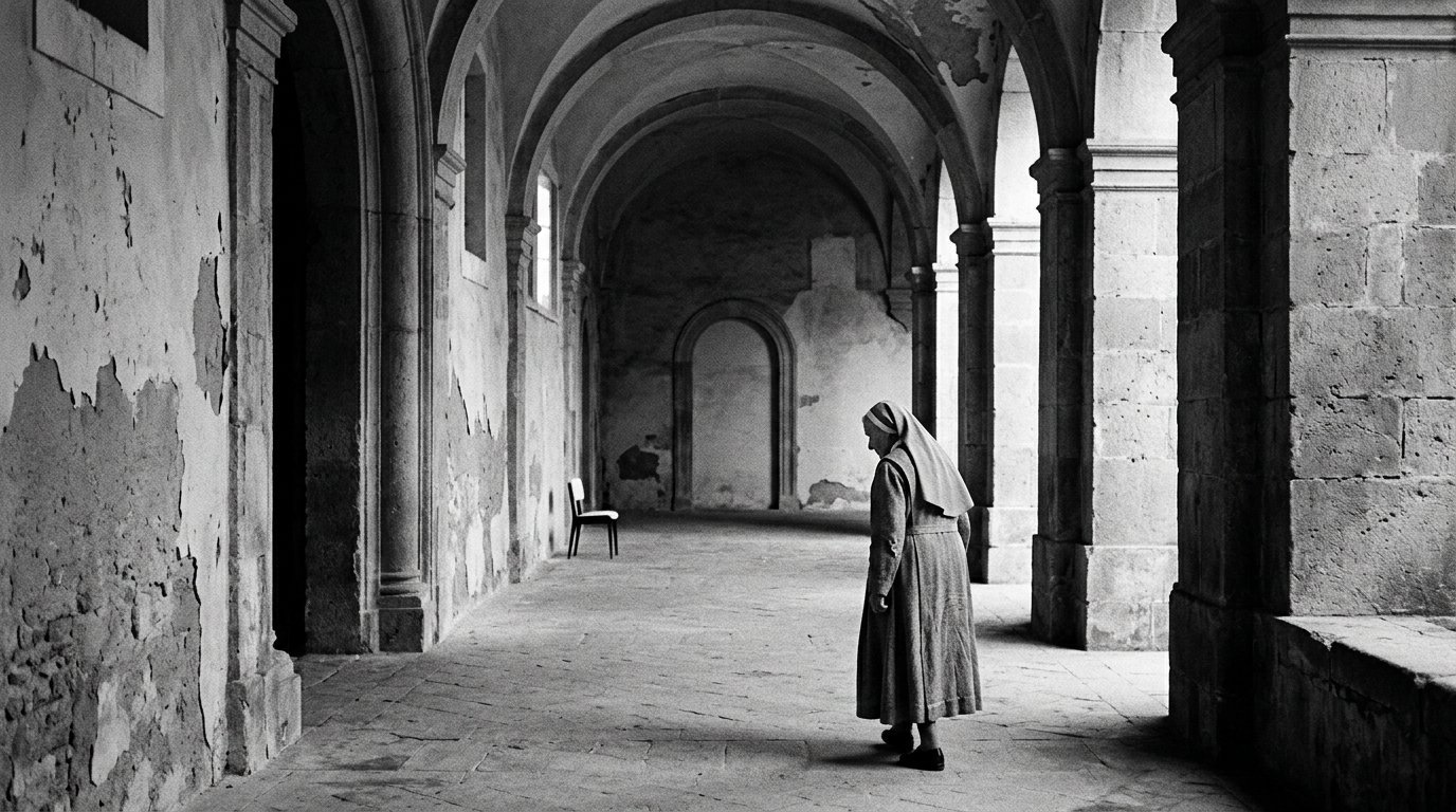 Woman in coat standing alone in a long stone corridor with arched ceiling and columns, black and white photograph