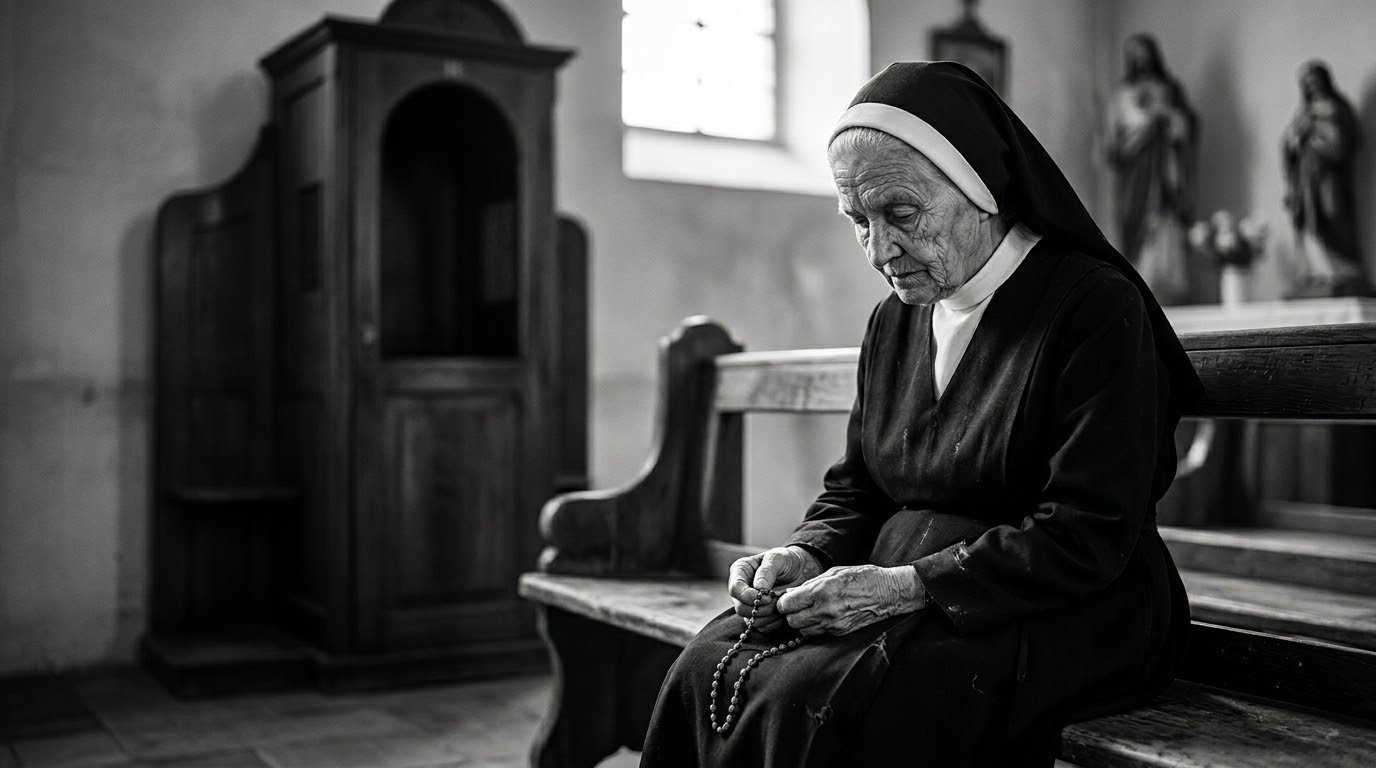 Elderly nun in black habit and white headpiece sitting on a bench in a church, holding rosary beads, black and white photograph
