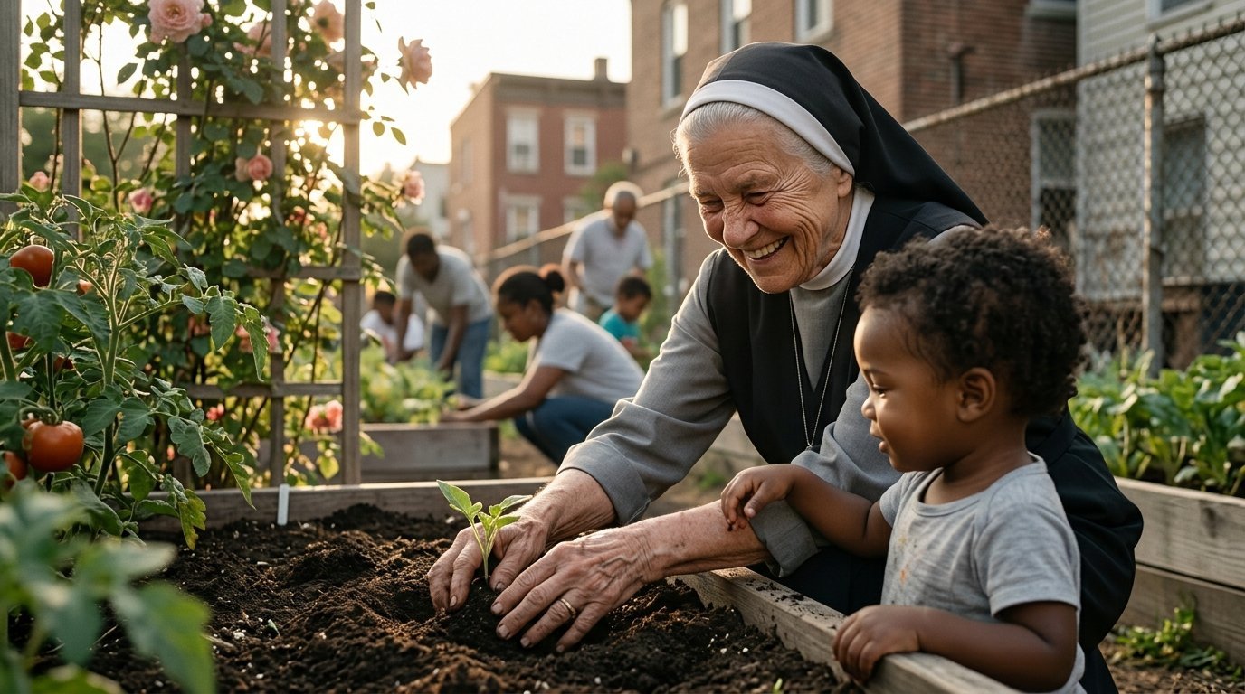 Nun in black and white habit teaches young child how to plant in urban community garden with buildings and volunteers in background