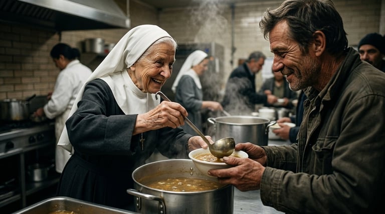 Nun serving food to a man in a soup kitchen with other volunteers in the background