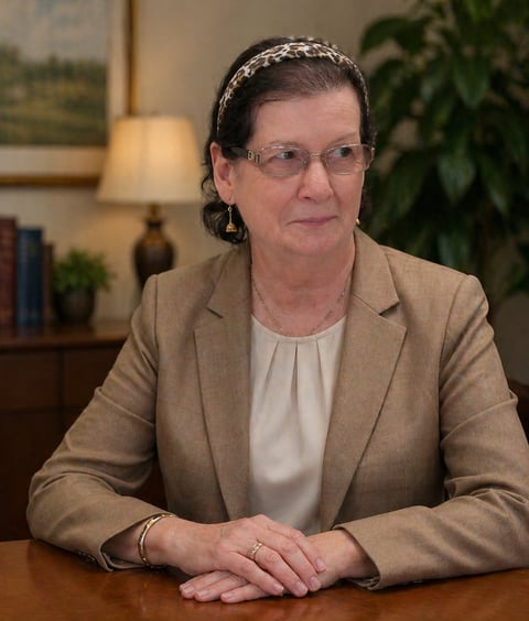 Middle-aged woman with glasses and pulled-back hair wearing a beige blazer over a white blouse, seated at a wooden table in an office setting